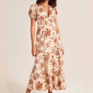Abercrombie & Fitch floral Puff Sleeve Poplin Midi Dress Square low back vneck S